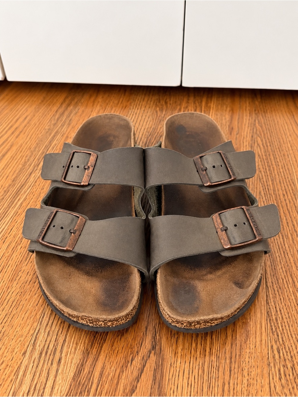 Birkenstock Brown Double Strap Sandals with Copper Buckles